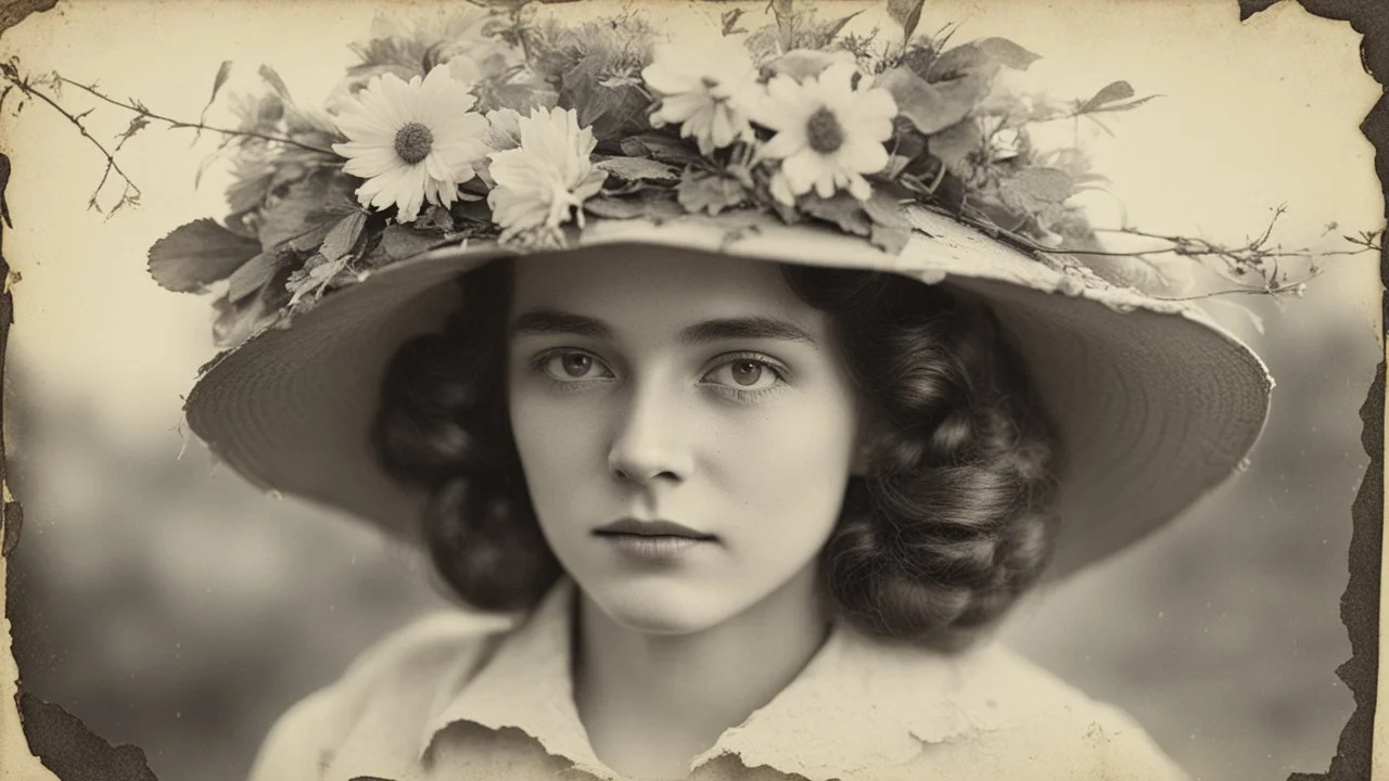 Vintage photograph of a young woman in a hat with flowers, torn edges, cracks