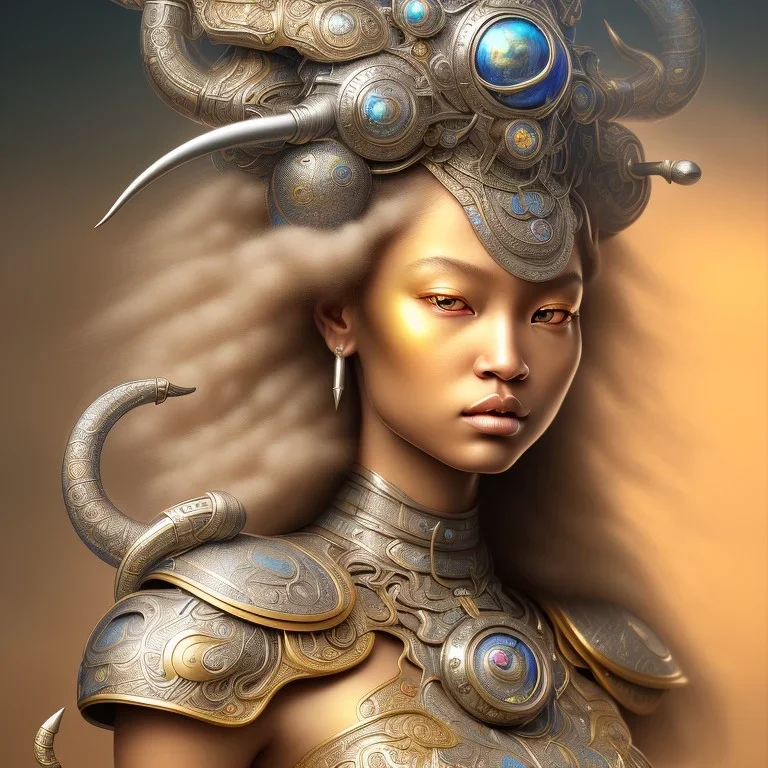 Sango fantasy, fantasy magic, intricate, sharp focus, illustration, highly detailed, digital painting, concept art, matte, art germ and Paul Lewin and Kehinde Wiley, masterpiece silver elephant head bronze Buddha Asian African girl nice breast Hawaiian hair turquoise golden waves