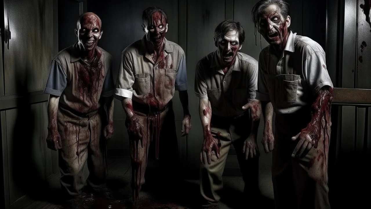 4 men zombies in adark room bloody help stand behined