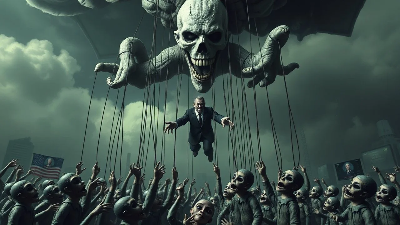 a corrupt government looms above, pulling the strings of hundreds of puppets below, the news broadcasts the puppets' suffering everywhere, dystopian, dread, horror