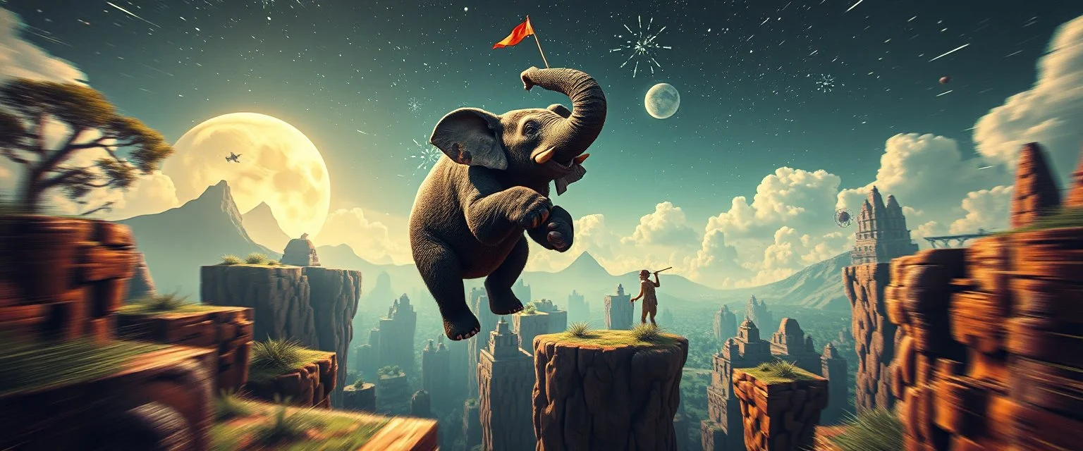 bear ant eater elephant floating in 4 dimensional platform game, goa trance movie poster, stylized art, pin hole photo, motion blur