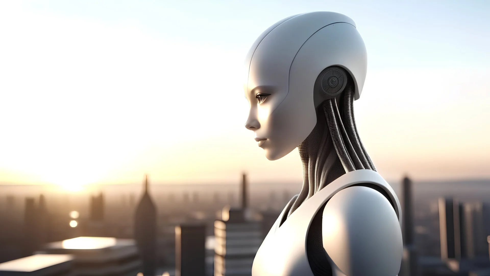 Photoreal Gorgeous godlike white alien cyborg looking over a futuristic city on the horizon in mystical haze at golden hour , otherworldly creature, in the style of fantasy movies, photorealistic, bokeh masterpiece smooth shading, ultra detailed, high resolution, cinematic, unreal 6, subtle shadows, octane render, 8k, cinema 4d, HDR, dust effect, vivid colors