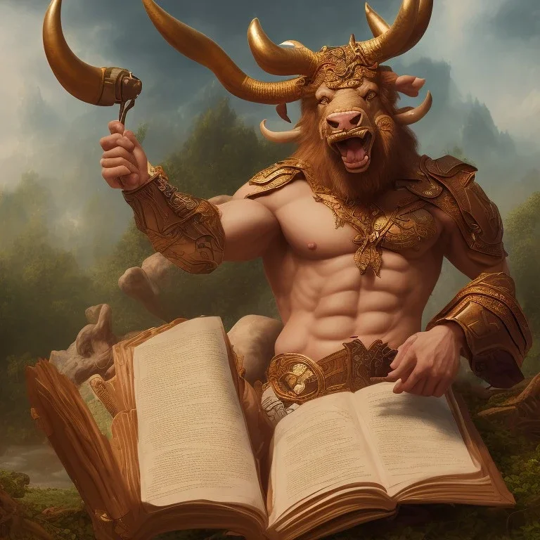 A legendary miniature with a big muscular body and a bull-shaped head with two fiery horns reading a book under a tree by the lake, realistic 3D, magical painting, full and detailed painting components, Hollywood quality, 4K 8 K