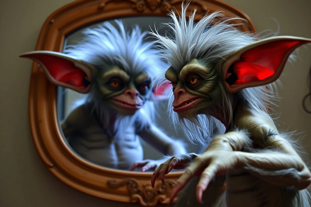 hairy tradigrade gremlin fat vampire semi transparent in front of mirror