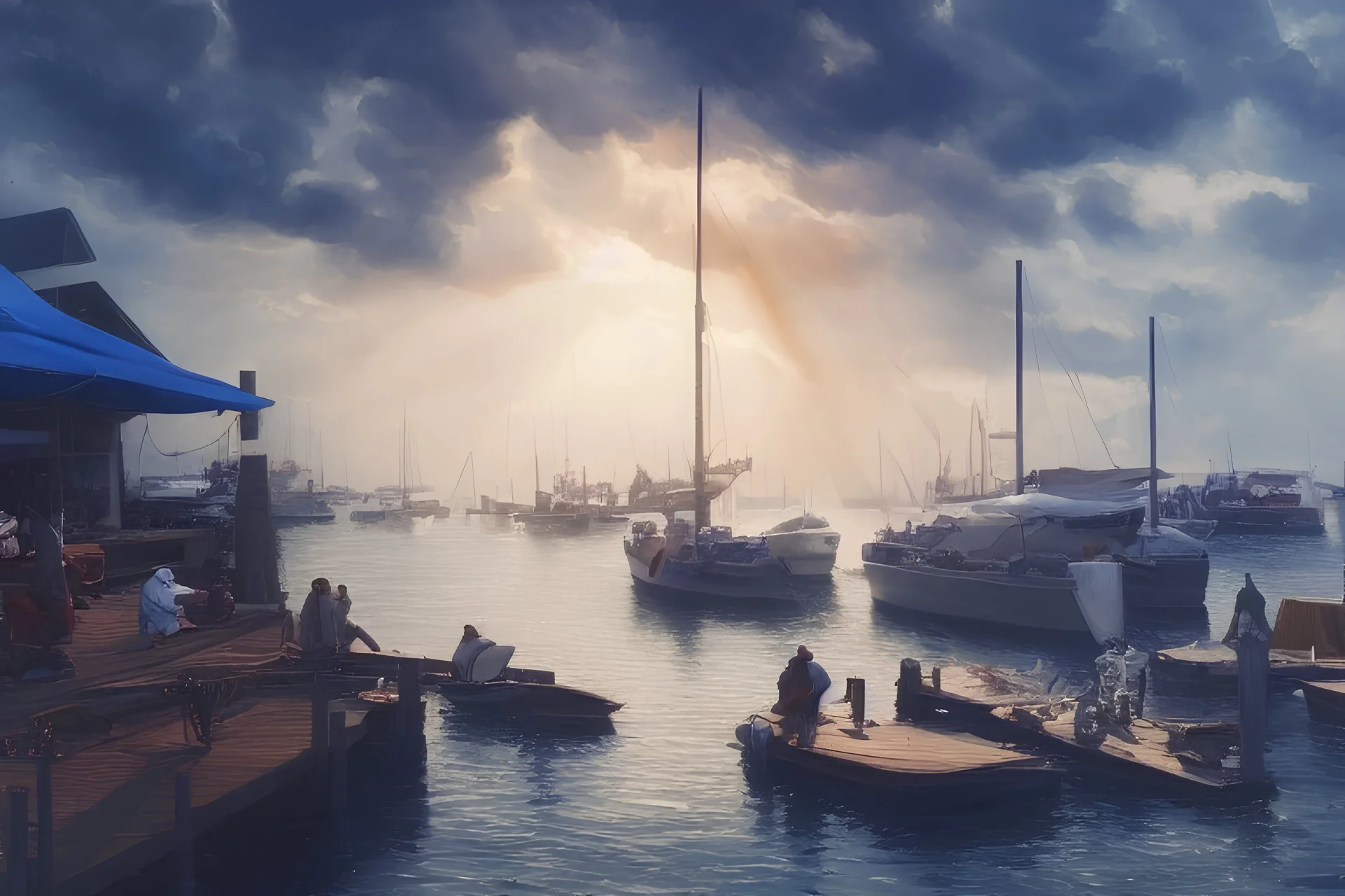 Oil painting, harbor marina, boats, restaurant, Group of men having lunch,sitting out door, epic, celestial, cinematic lighting, God light, god rays, 4k resolution, ornate details, unreal engine 5, blue vibrant background.