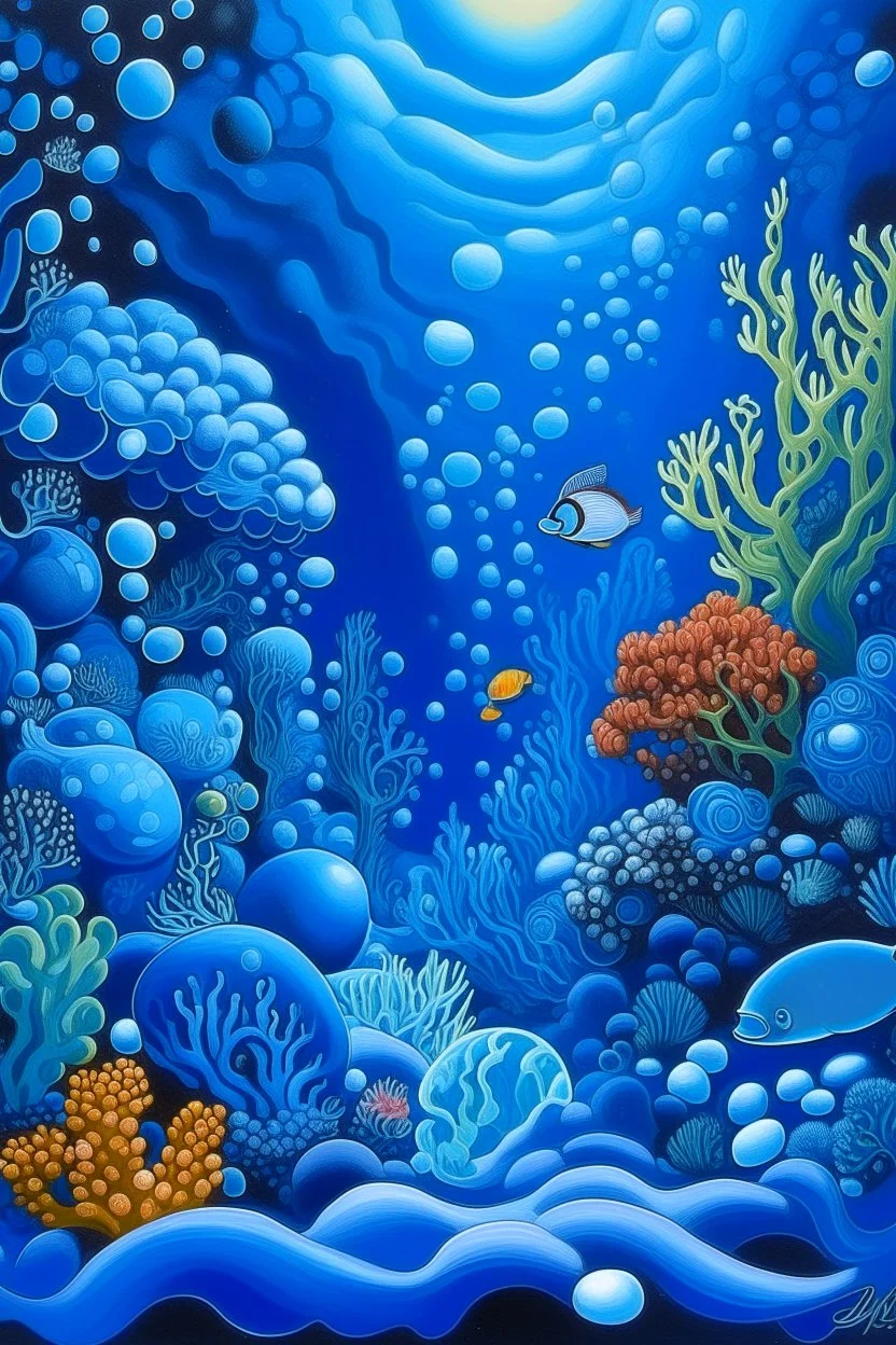 A blue underwater coral reef with bubbles designed in Mexican folk art painted by Thomas Hart Benton