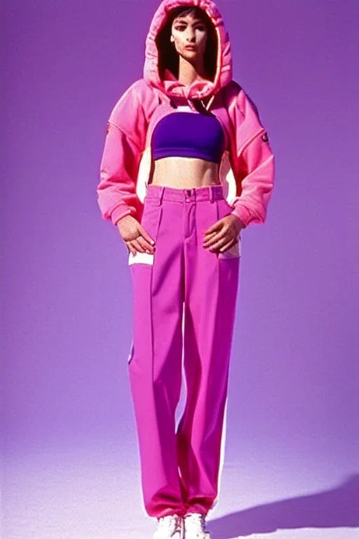 year 1994 women fashion. "summer combat suit trouser" with low waist, baggy, Combat pants, t-shirt and interesting hoodie with high tippet integrated to bolero. Colors: denim blue, blue, purple, khaki, "pastel light green", lilac, plum, orange, terracotta, red, pink, dark blue, beige. Women models. Starling pattern prints.Jennifer Lopez, Gwyneth Paltrow, . Big tennis shoes on. Cargo pants.