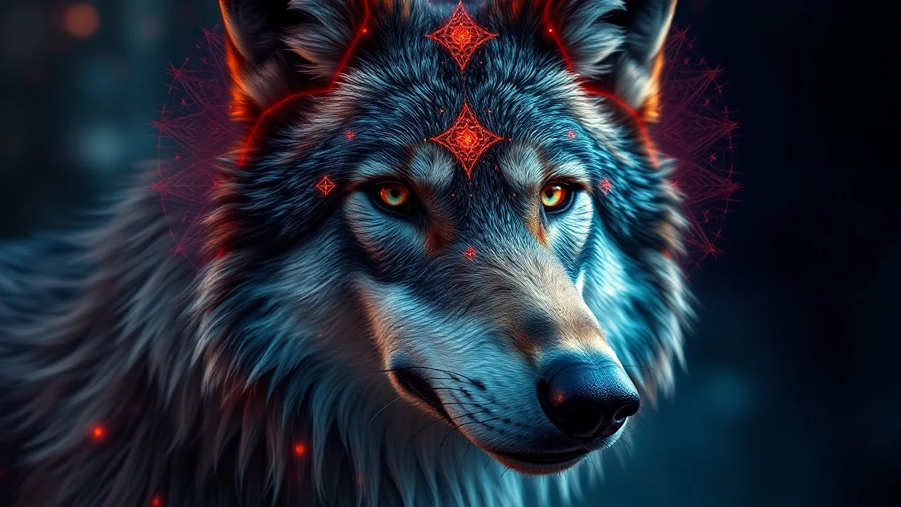 portrait of a mystic wolf, rbg, psychedelic, fractals, sacred geometry, medicine, sacred. Camera settings : Full-frame , 100mm lens, f/1.2 aperture, ISO 100, shutter speed 60 seconds. Cinematic lighting, Unreal Engine 5, Cinematic, Color Grading, real time Photography, Shot on 70mm lense, Depth of Field, DOF, Tilt Blur, Shutter Speed 1/2500, F/13, White Balance