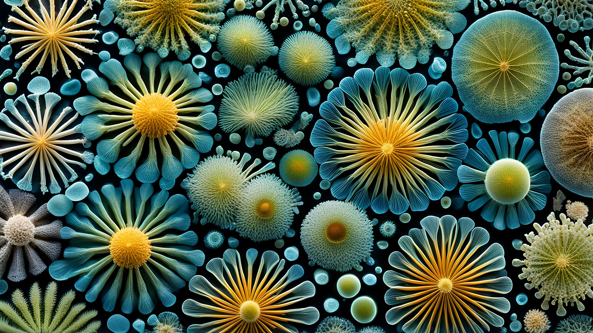 A detailed photomicrograph of a variety of diatoms, the microscopic algae with beautifully intricate silica shells. The image highlights their diverse shapes, colours and patterns, ranging from circular and star-shaped to elongated and complex. Beautiful award-winning photograph, inspiring, rule of thirds, balanced delightful composition, perfect lighting, superb detail, 16k render