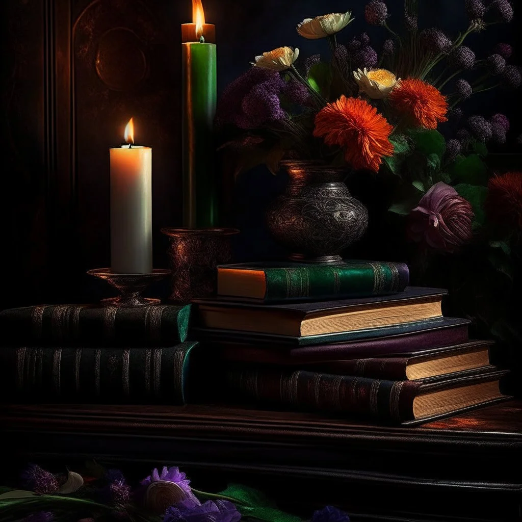 rave on books with flowers and lit candles dark moody art with browns green earthy tones, deep purples, hyper realistic maximalist concept art