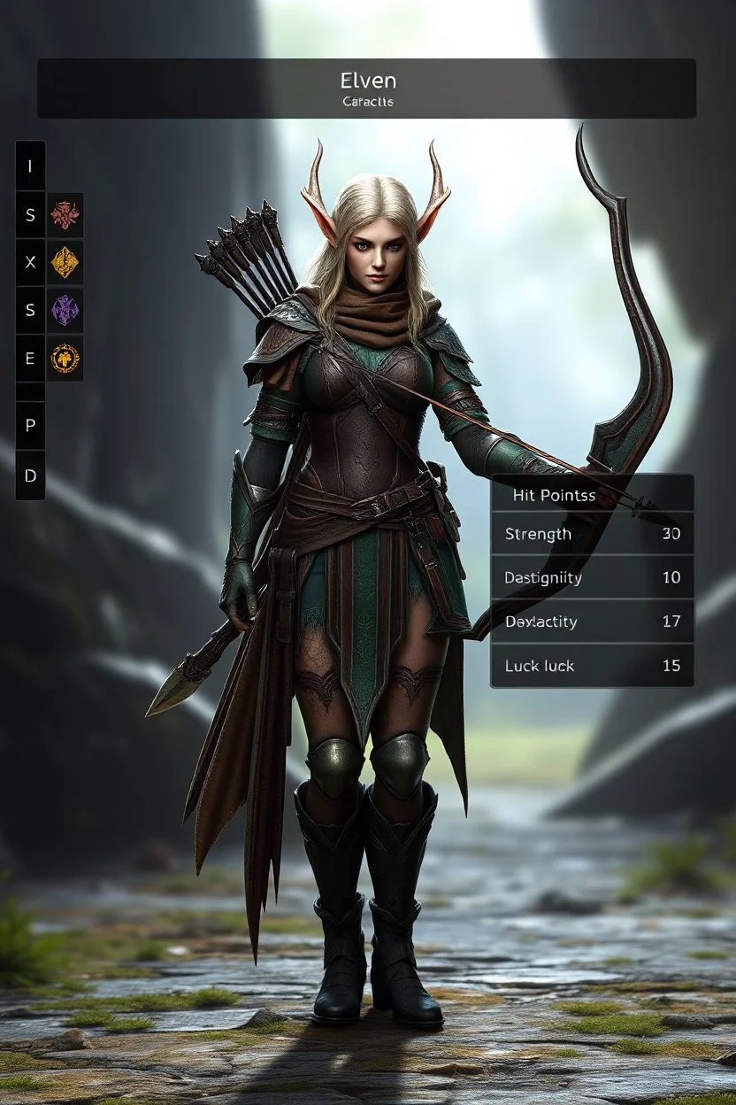 Unreal engine 5, Cryengine, RPG video game character creation screen, female Elven archer with statistics in a vertical menu bar, "Hit Points", "EXP Points", "Strength", "Dexterity", "Luck", modern video game textures, sword and sorcery video game character