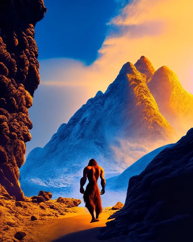 Imagina el hombre de Neandertal caminando por montañas colores complementarios arte digital foto realista obra de arte hiperdetallada intrincada sombras 3D iluminación cinematografica 8k 3D cuerpo completo clima soleado nubes