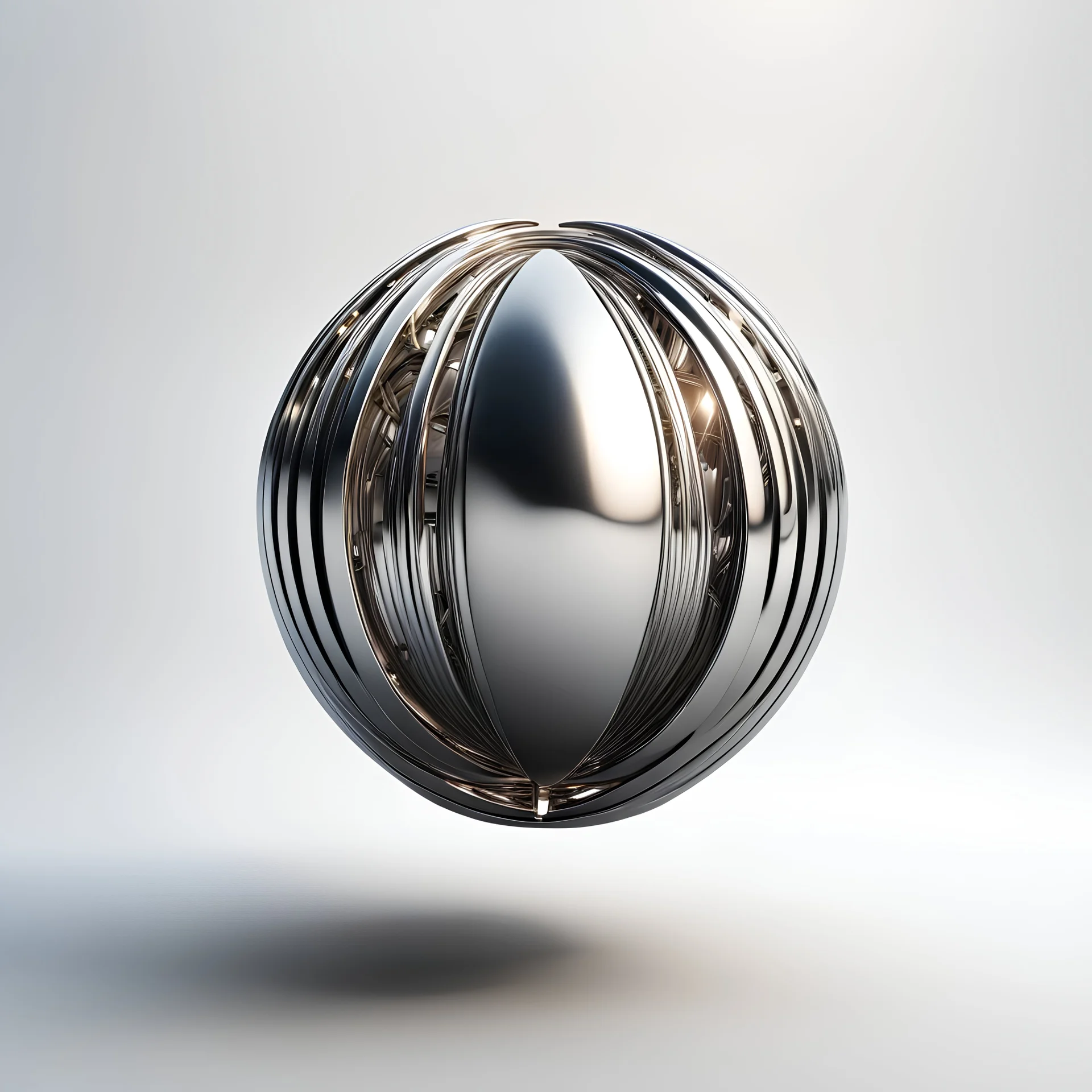 abstract intricate shape object, mercury metal chrome, on light background, isolated object hovering above the surface