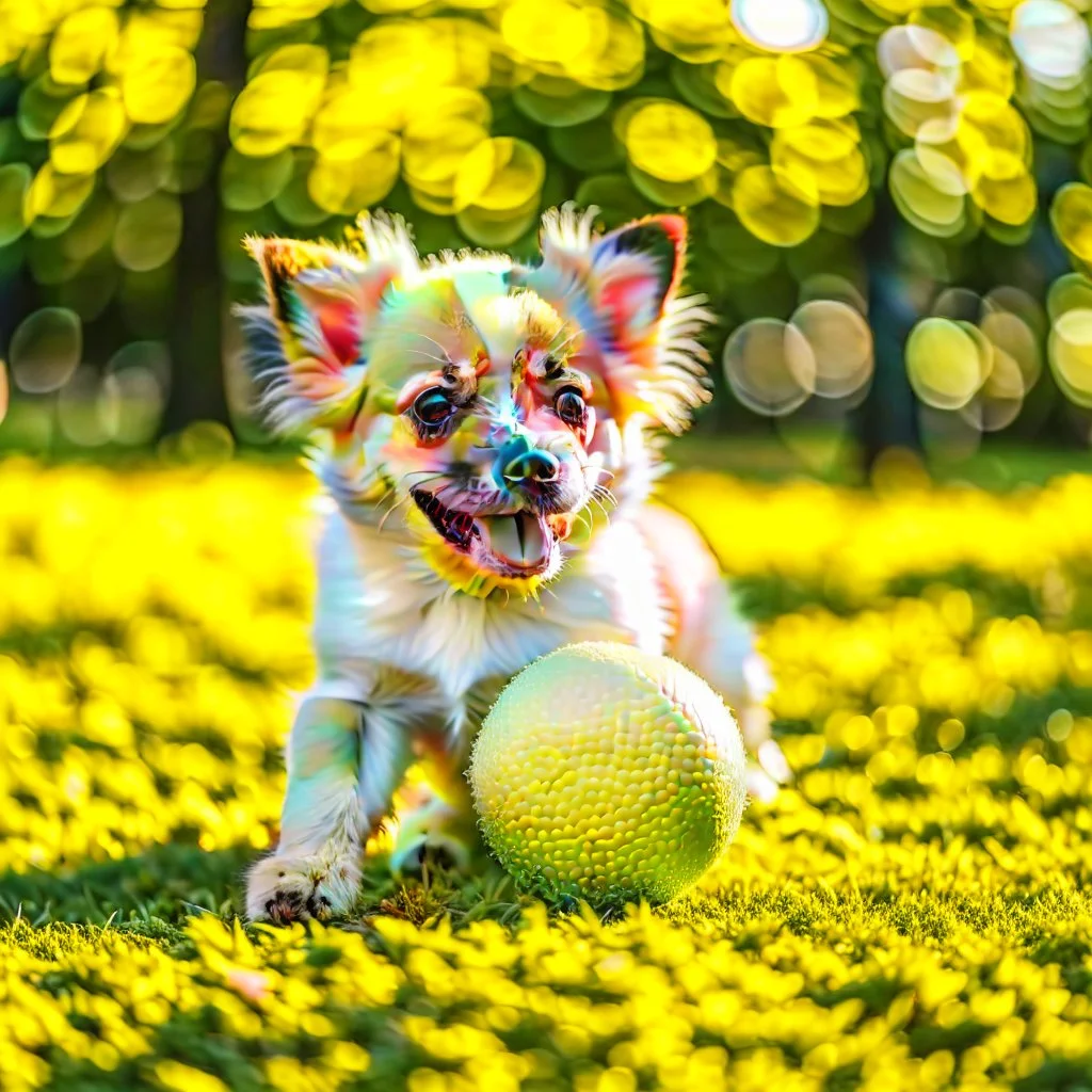 Cute puppy playing with his ball in the park.