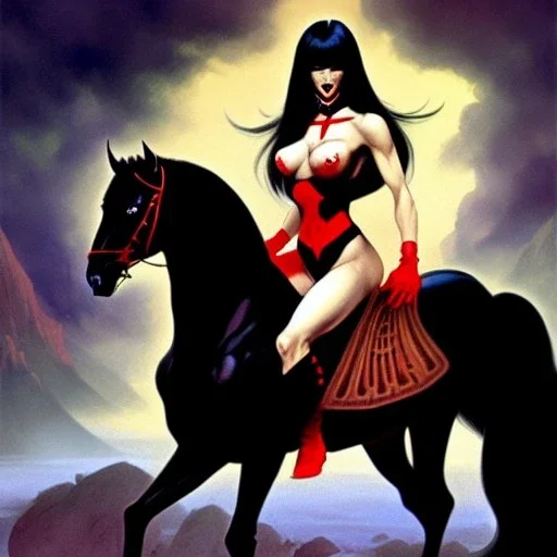 ultra detailed portrait of beautiful Vampirella Riding a black horse,wearing plate armor, extremely detailed digital painting, in the style of FRANK FRAZETTA and Earl Norem and fenghua zhong and ruan jia and jeremy lipking and peter mohrbacher, mystical colors, rim light, beautiful lighting, 8 k, stunning scene, raytracing