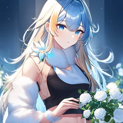 Clear focus,8k,Beatiful Lighting,Beatiful Blur,Beatiful Shading,Orange long hair,fluffy hair, long fluffy bangs, Blue eyes, wearing a crop top with a flowers near the end that are white and the main color is black, sleeveless crop top, wearing light blue cut sleeves with white flowers near the end, wearing a light yellow skirt with black long stocking on, underboob, wearing a black fingerless gloves