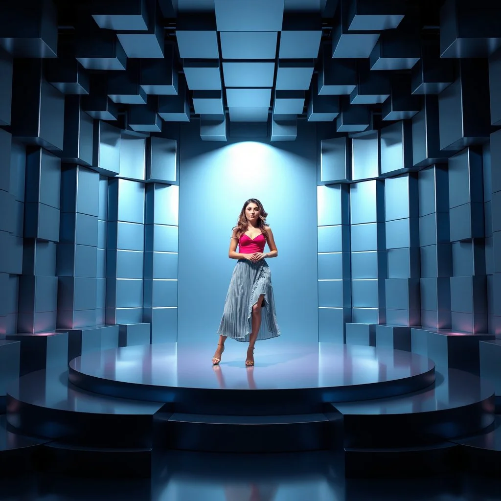 make a picture pretty stage made of metallic blue-gray teme 3d recursive cubic and sphere and cylinder base structures and a beautiful fashion model lady standing with cute in scene with sexy top and pretty pleated midi skirt ,makeup curvy long hair,dynamic camera zoom to full body and pan, dynamic lights.