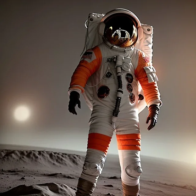 an astronaut in moon, full body, highly detailed, orange puffer jacket, 3d render