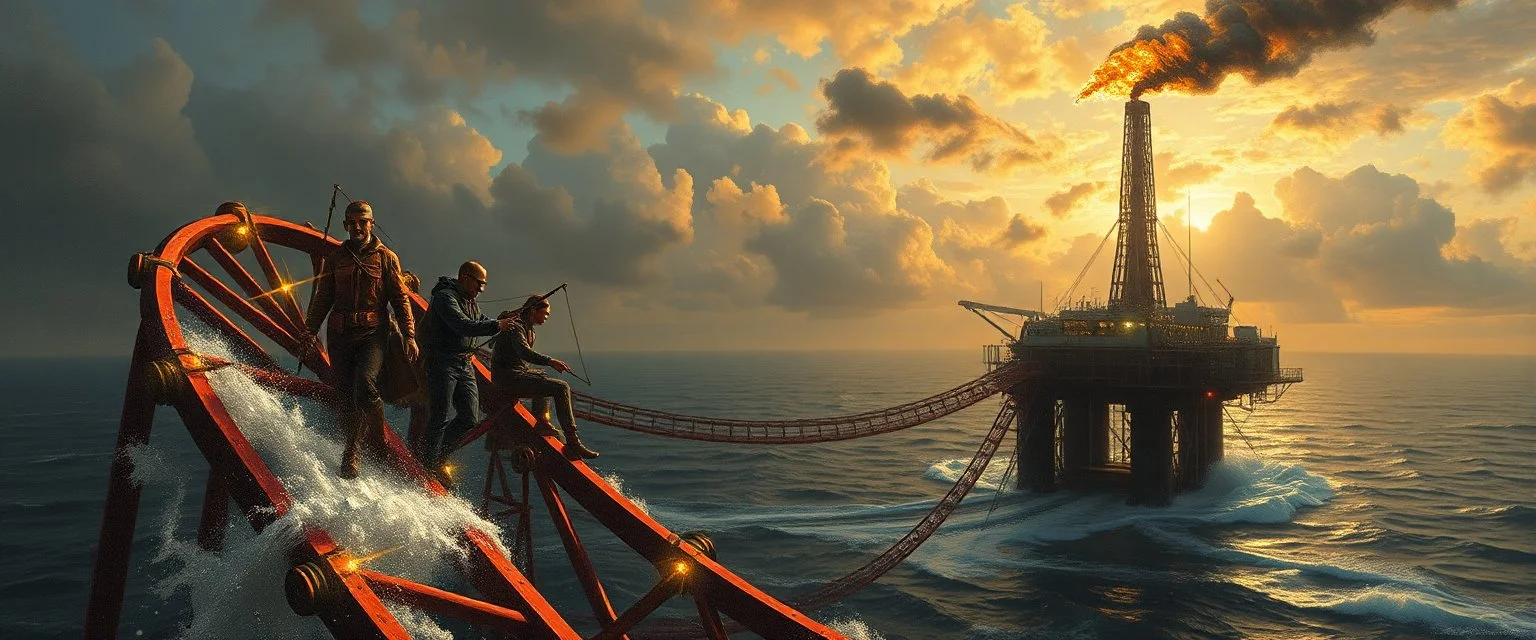 master oil painting by Rembrandt, roller coaster with some bad ass power off shore oil platform cyber punk people experiencing gravity at its worst
