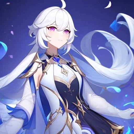 Genshin woman, Clear Focus High resolution, Calm Background, Light skinned woman, White long beatiful hair, Purple sparkling eyes, Very Beatiful Face, Splash art