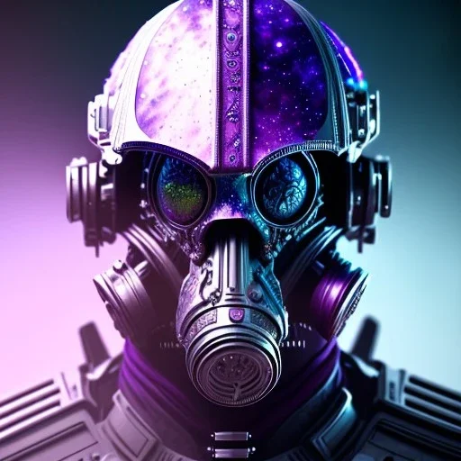 full body apocalyptic purple masked villain in galaxy, teal and purple smoke, detailed, realistic, 4k