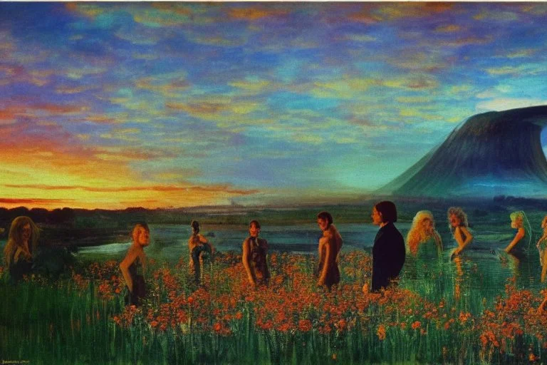 Beautiful epic sunset, logan's run 1976 movie influence, cosmic, people, rocks, holiday influence, river, flowers, very epic and philosophic, walter leistikow, alfred munnings, and hans am ende impressionism paintings