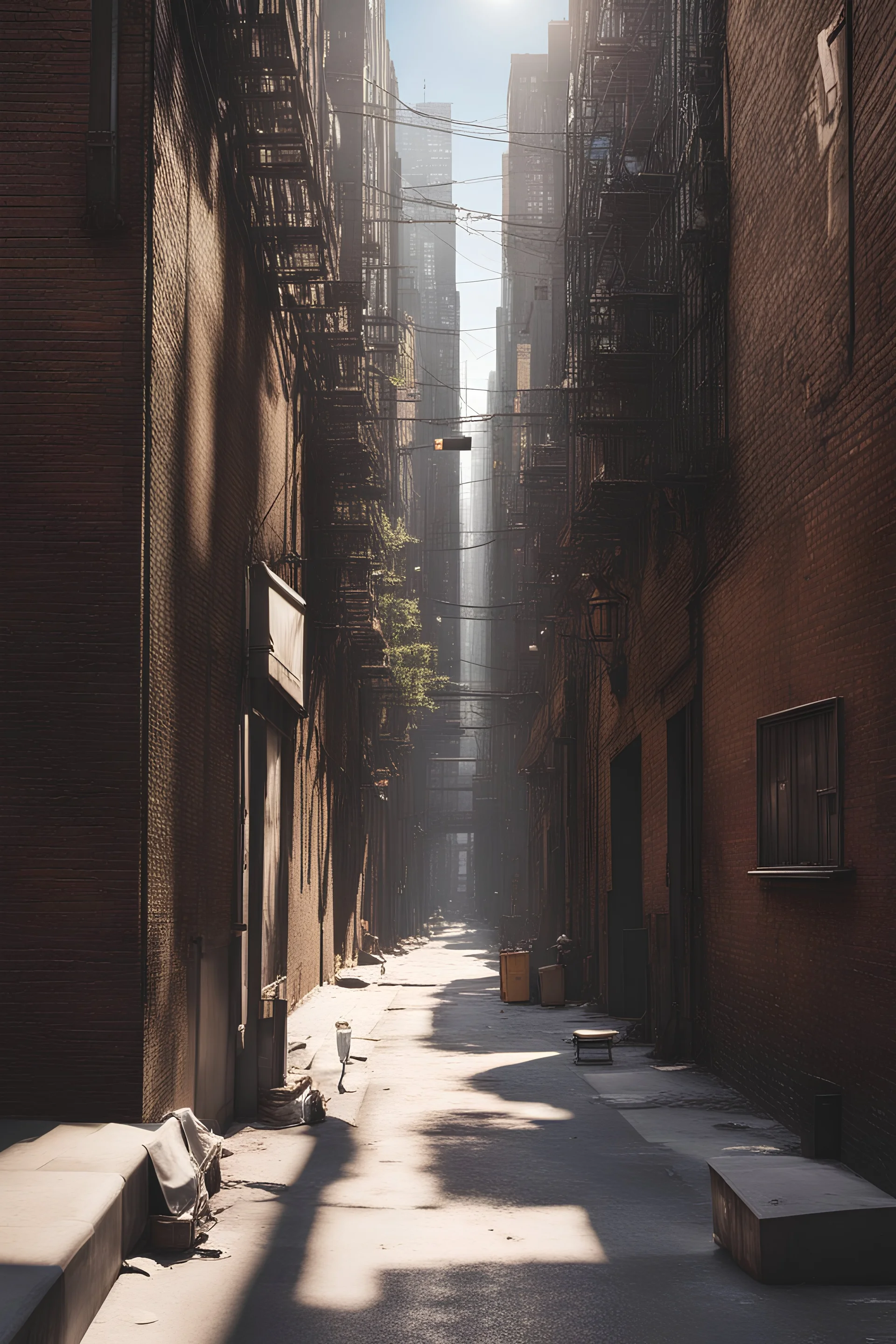 new york alley way. on a sunny day. the atmosphere is sunny and vivid. should include a garbage container and steem coming out of a pipe, the alley opens up to a large open space in the center at the end where it junctions into a large avenue far back.