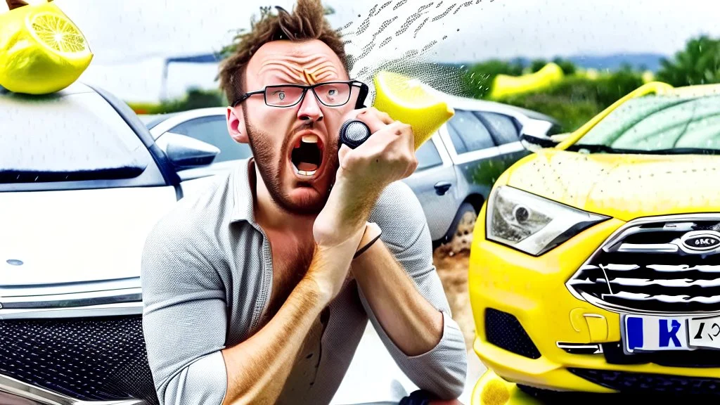 guy in hurricane arguing on phone next to his kia sportage made out of lemons