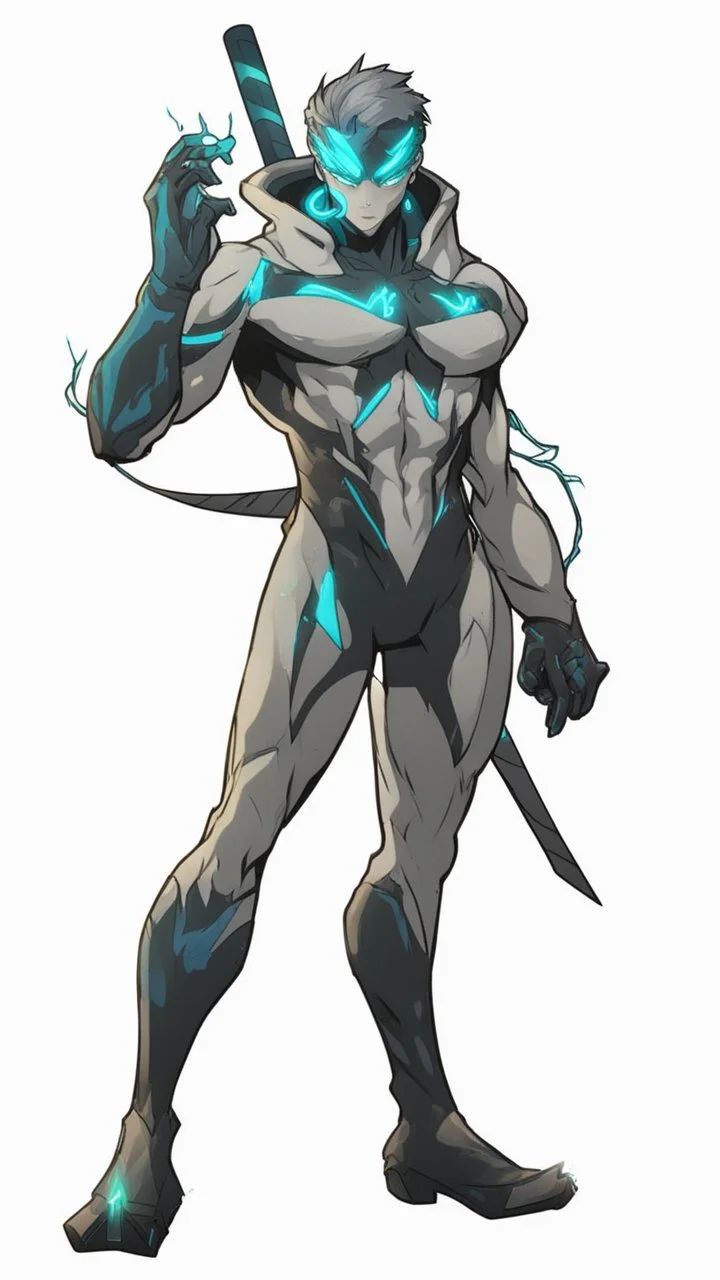 Mix between genji and venom symbiote in solo leveling shadow style with neon glowing blue