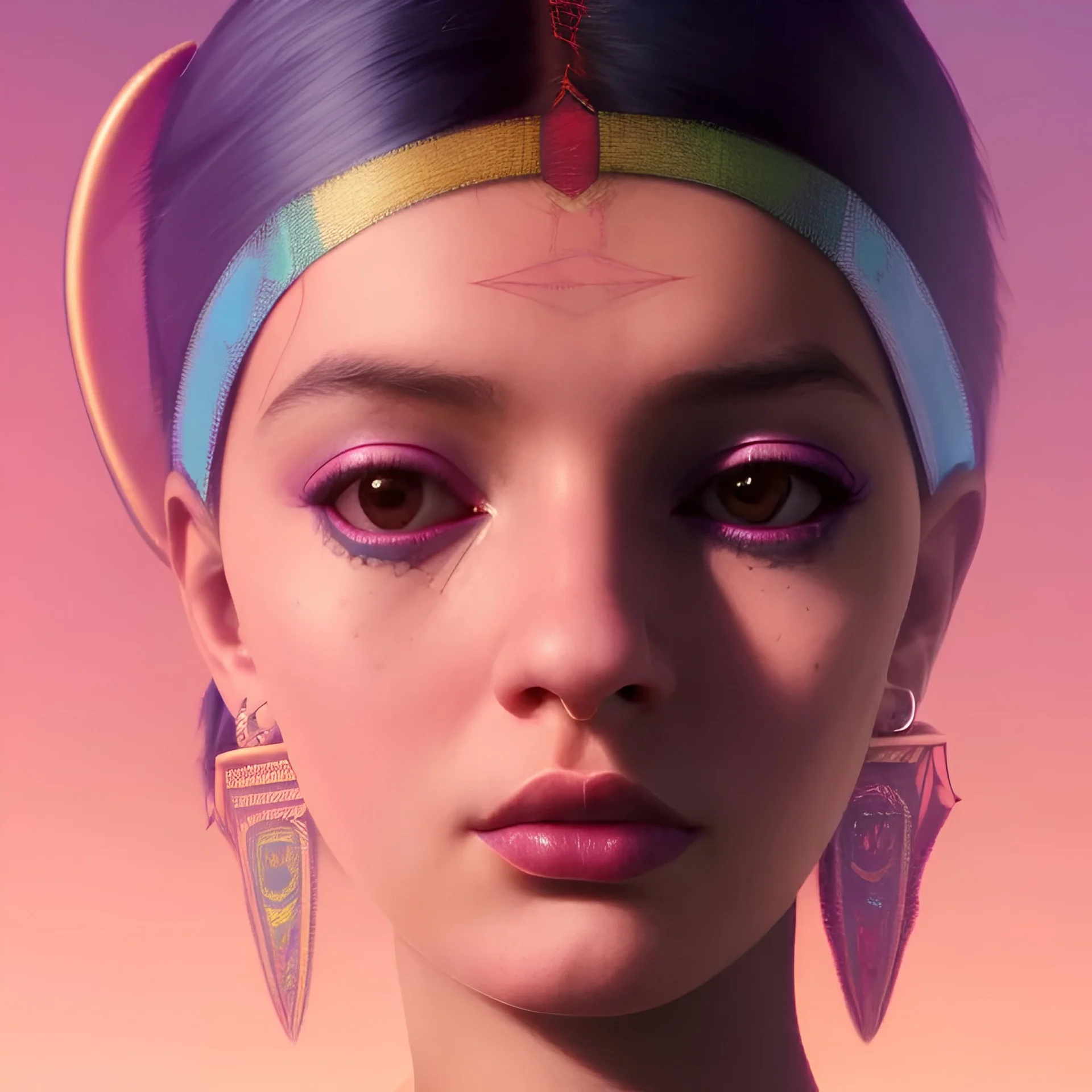 Detailed portrait of a young gypsy woman, contrasting colors, arrow makeup on her eyes, unreal engine, greg rutkowski, loish, rhads, beeple, makoto shinkai and lois van baarle, ilya kuvshinov, rossdraws, tom bagshaw, alphonse mucha, global illumination, detailed and intricate environment