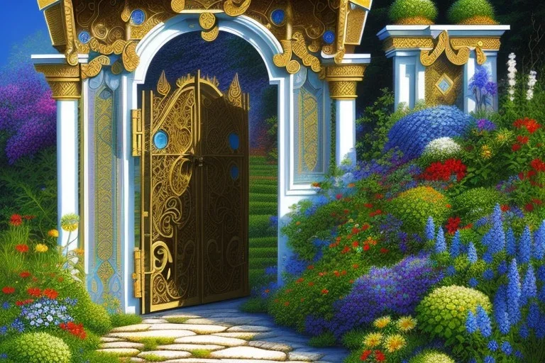 intricate ornate gate, garden, path, flowers, fine detail, acrylic paint, Synchromism,