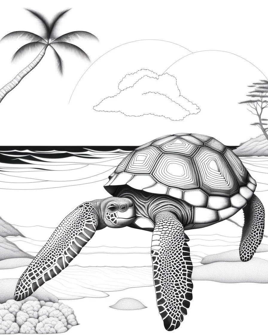 coloring pages for kids,coloring pages for kids, Pacific island shaped Japanese ink painting, paradise, sea turtles , Art drawing .super detailed, low detail, black and white, no shading, --ar 85:110