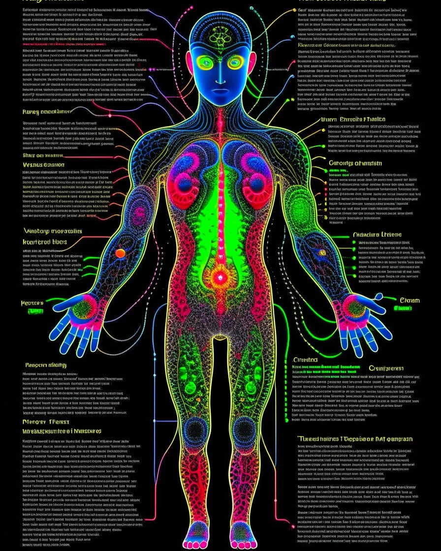 Fantasy00d Technical Diagram, Info graphic, Charts, of A Cosmic Anatomical Human body, Info Graphic, Scientific, Data Diagram, Nervous System, Galaxy, Vibrant Colors, Midnight Aura, Ultra Detailed, H.R. Giger, Max Ernst, Thomas Kinkade, Robert Gonsalves, dark background