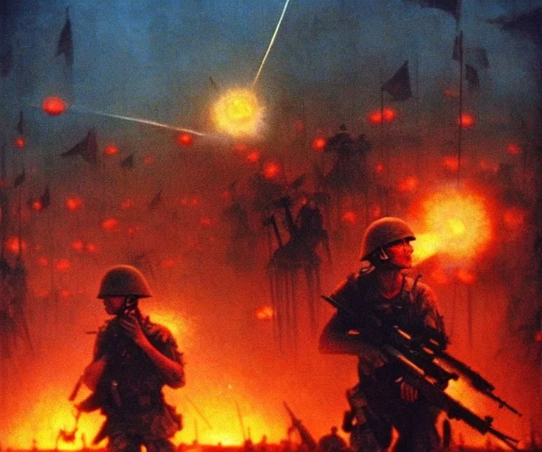 vietnam war. war. napalm. bokeh. lens flare. warm lights. high detailed. beksinski