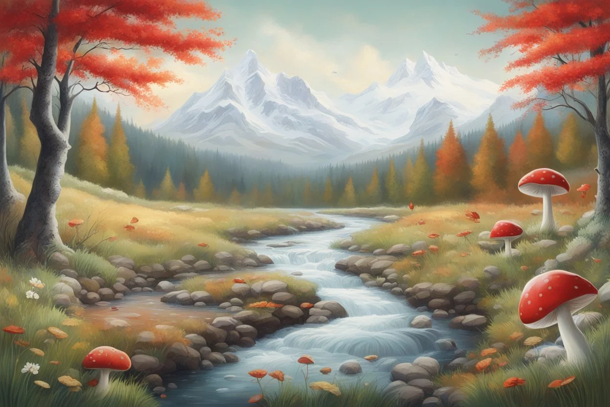 The image is divided vertically by a river, in which clocks flow instead of water. In the background are snow-covered mountains, on the left bank of the river an autumn forest with deciduous trees, and at the base of one of them a red mushroom with white spots. On the right bank of the river, a spring green meadow with wild flowers, butterflies fluttering, bunnies scurrying in sunshine. Watercolor on wet paper, soft strokes, shading pastel colors, reflection, mist, fog.