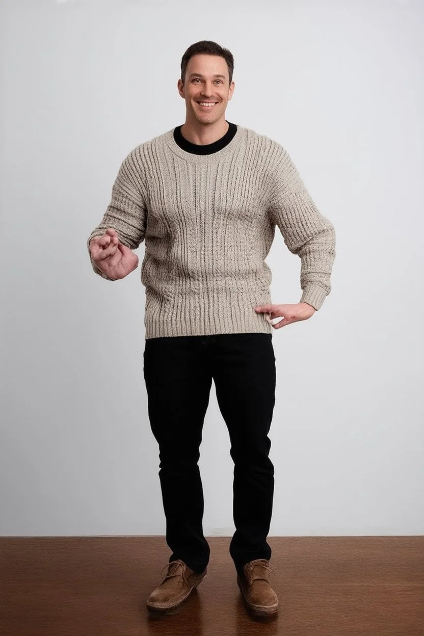 tim mit pullover der über die knie geht