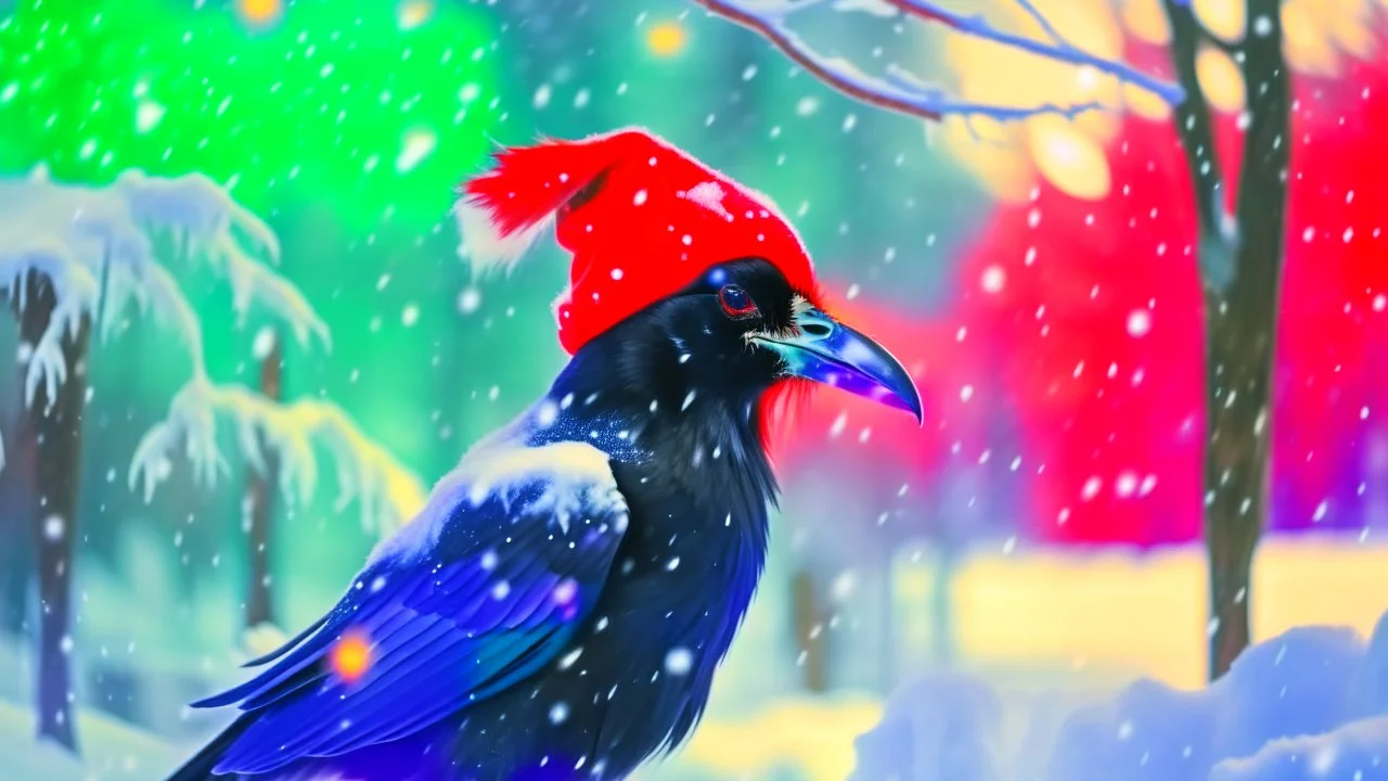 Create a captivating image featuring a crow adorned with a Christmas hat amidst a snowy landscape. Capture the essence of the winter scene, with the crow standing out against the white backdrop. Emphasize the festive mood by ensuring the Christmas hat is prominently showcased on the crow. Craft a visually enchanting composition that conveys the unique and whimsical combination of the crow in a snowy setting with a touch of holiday cheer.