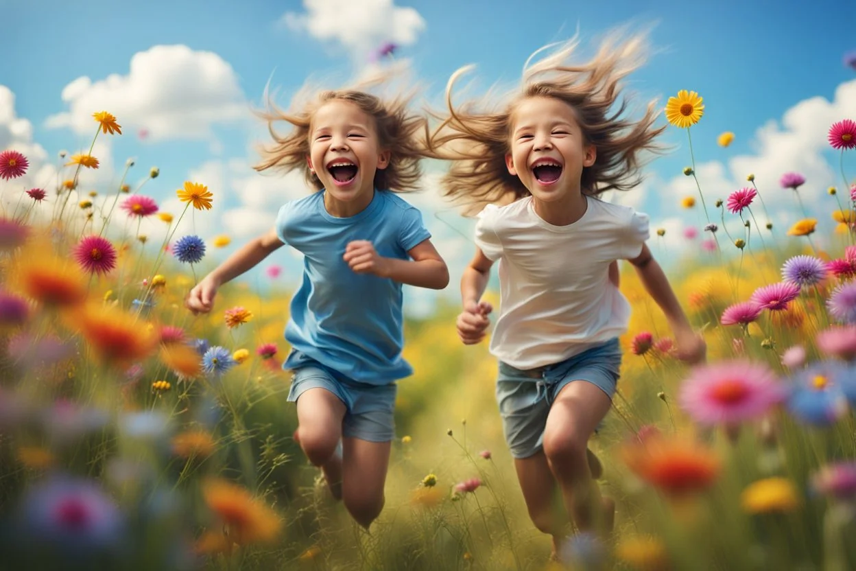 children run and laugh in the summer meadow, surrounding colors flowers, meadow, Happy and harmony vibe, blu sky and the little wind. high detailed, sharp focuses, photorealistic, cinematic