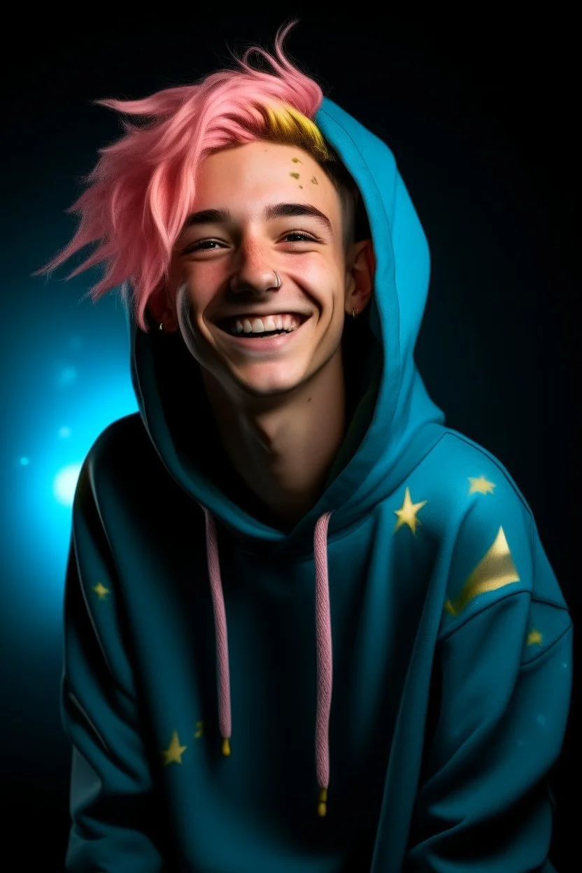 An androgynous young man with tousled pink hair and golden eyes floating among the stars wearing a light blue hoodie and black board shorts. He is smiling softly and holding a star in one hand.