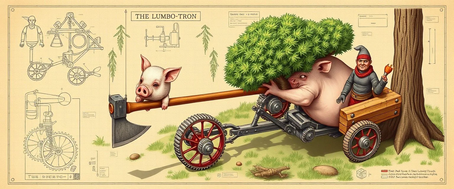 put a fucking tree crying pull oink the picture ok? we see nasty pig in action chopping down trees with the lumbotron, isometric blueprint of hi tech metal gear Gnome invention, winning prize at gnome convention, The Lumb-O-Tron A jury-rigged combination of a cart, pulley system, and an axe designed to chop down trees. The motion is powered by {a yoga pig in a wheel treadmill spurred by a carrot on a stick | a crude stationary bicycle | a tiny steam engine heated by a red pseudodragon