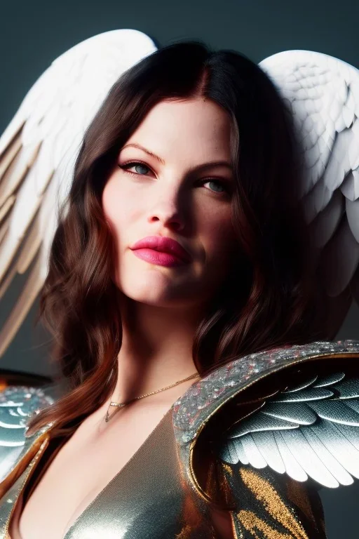 Liv Tyler has angel wings. She has beautiful eyes. Her hair flies in the air., closed eyes, rtx, reflection, 8k, glow, winning photography, caustics