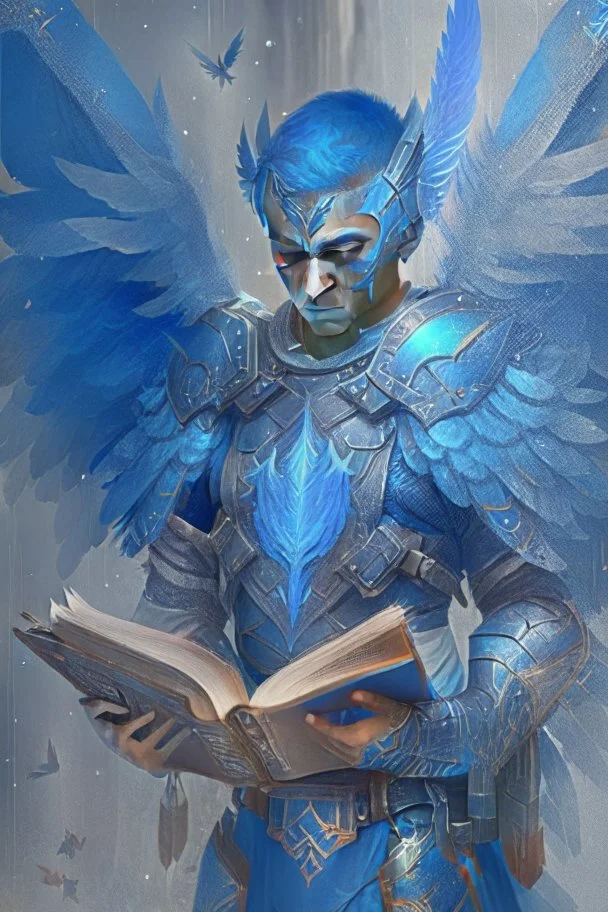 a person in runic armor with blue wings, blue short hair and spell book