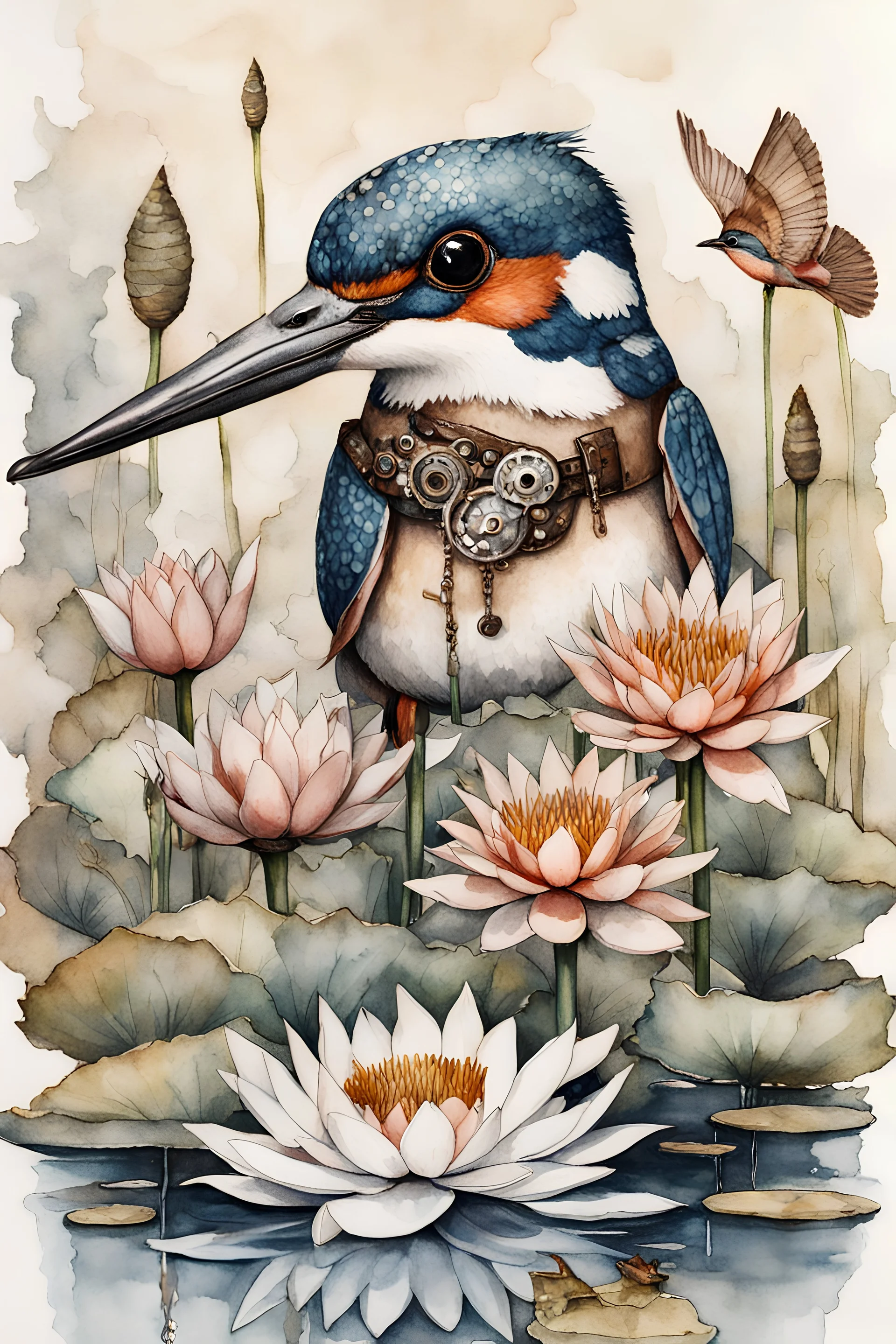 hand-drawn watercolor painting of many different types of steampunk flowers and waterlilies, growing in a little pond, with a kingfisher sitting on a branch, holding a little fish in his beak, with a splash of mixed colors on a white background, sharp detail