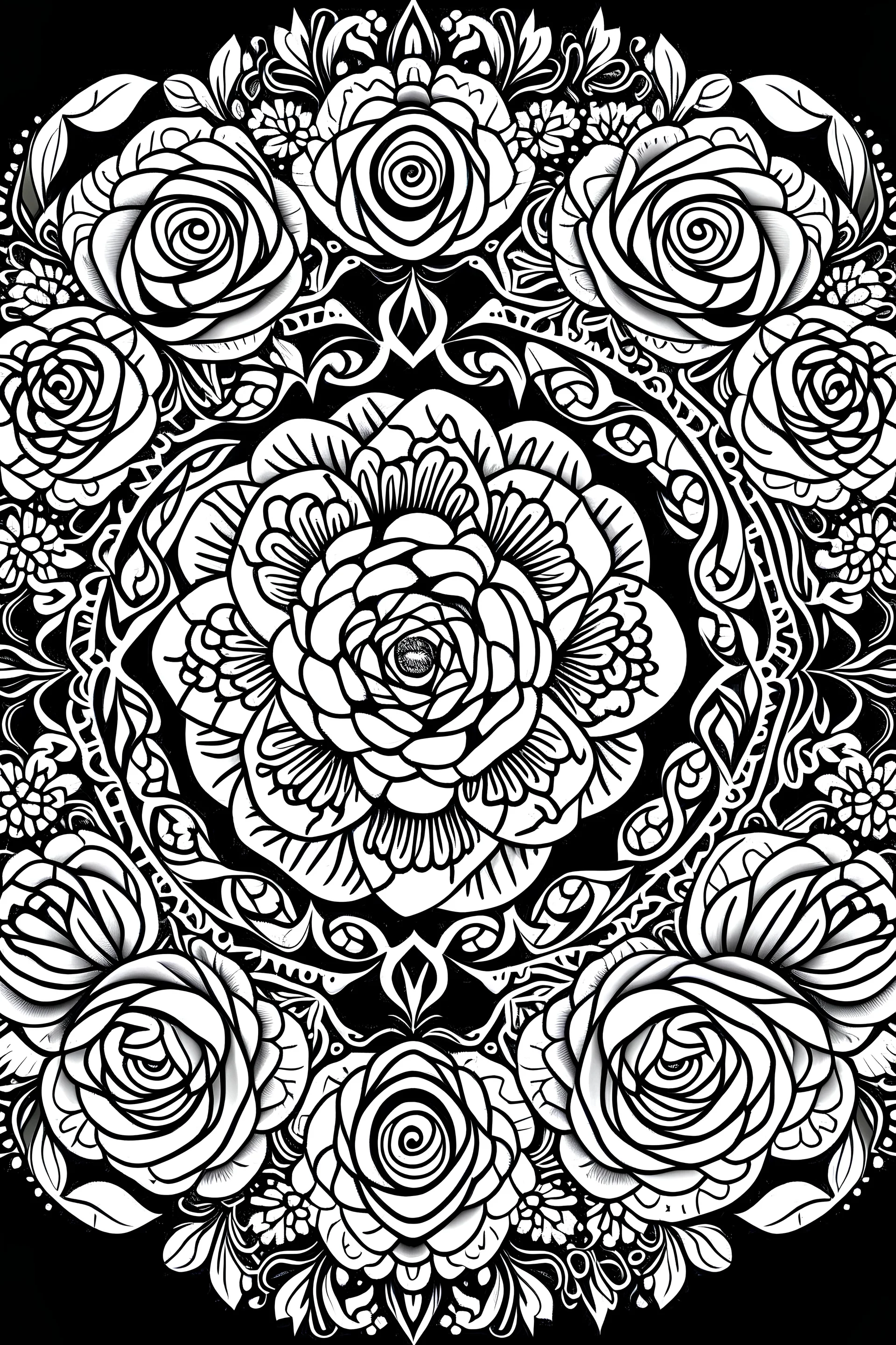 Create a black and white image of roses and tulips with a white mandala design covering the entire background. This image is intended to be colored in by an adult, so use the colors black and white accordingly