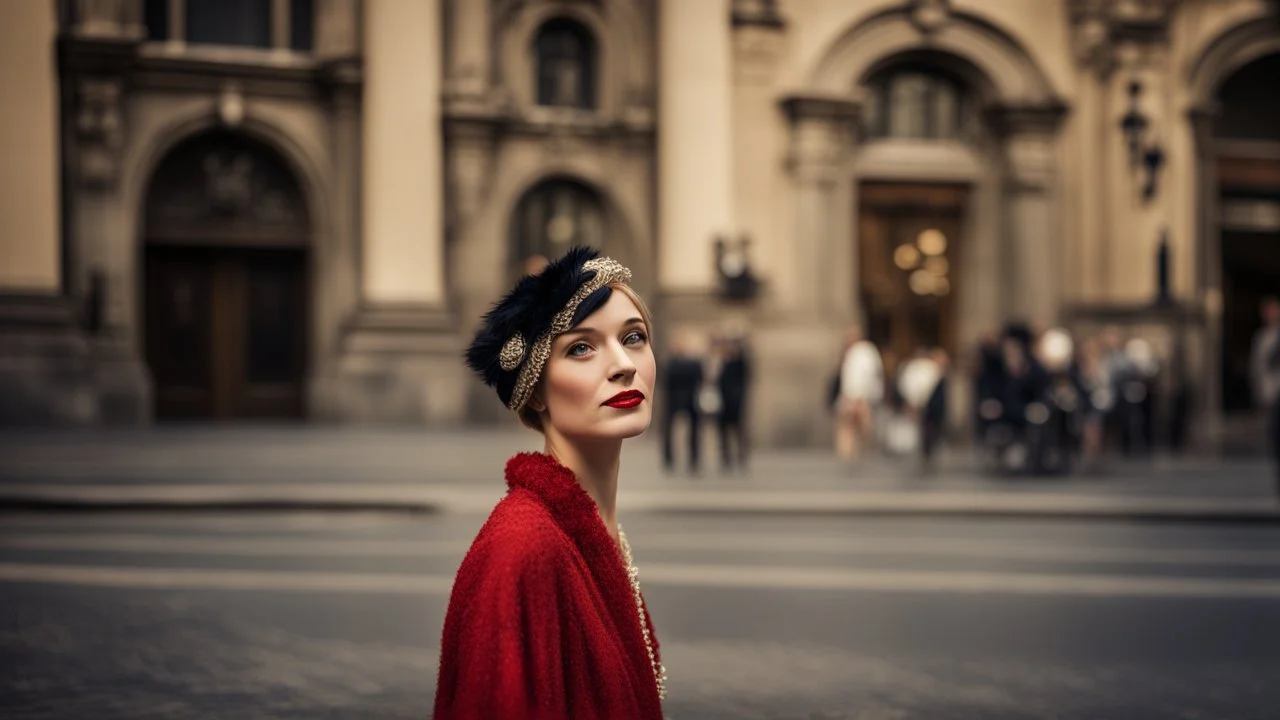 A woman in a beautiful 1920s flapper dress, standing in a busy street of Prague, Czech Republic, surrounded by iconic Baroque architecture, contrasting vintage feel with modern hustle, vibrant colors, classic red lipstick, feathered headband, captured in a dynamic shallow depth of field with a tilt-shift lens, cinematic lighting reminiscent of classic Hollywood films, vintage film grain overlay for a timeless aesthetic