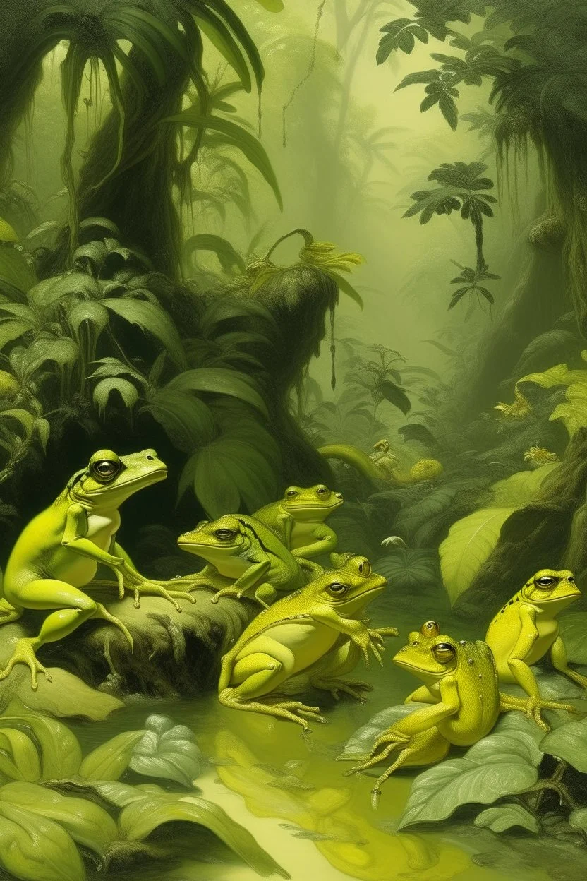 A pale greenish yellow rainforest with toxic frogs painted by Giovanni Battista Sassi