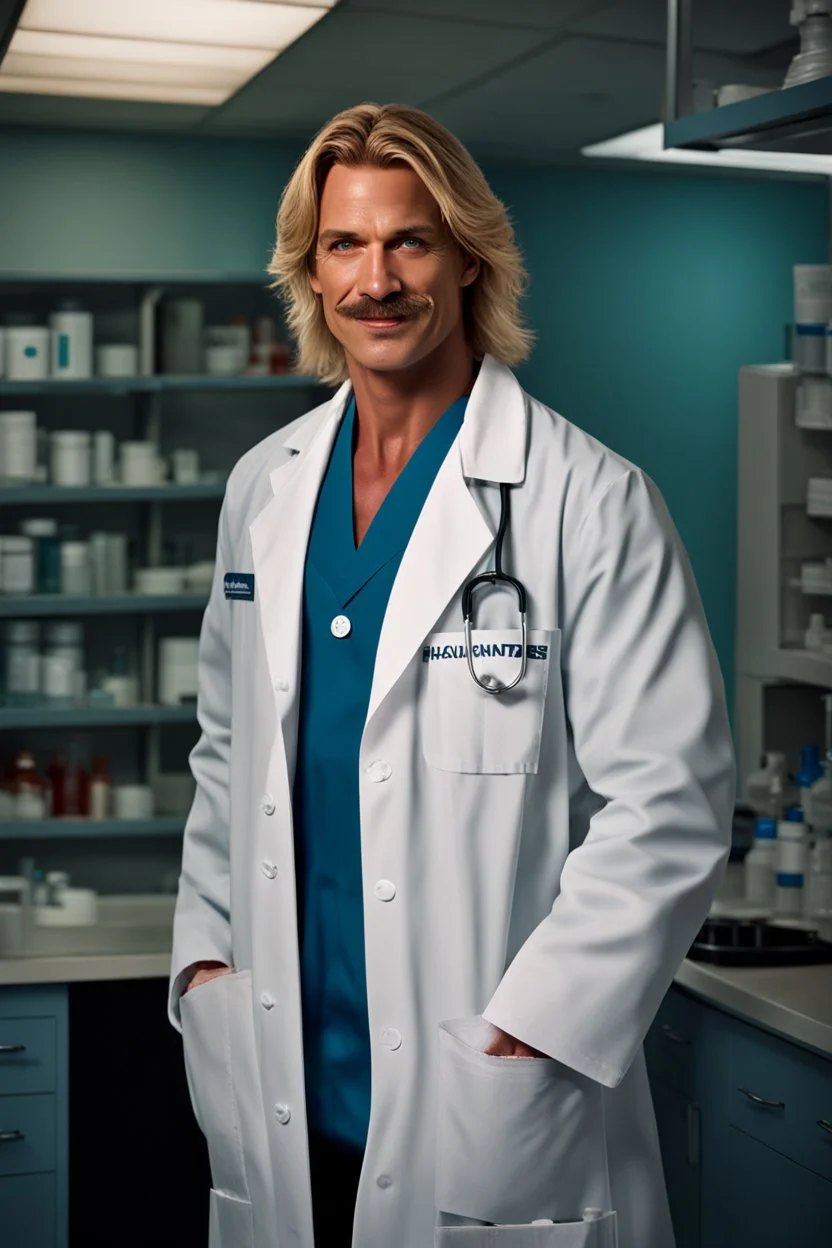 Mid-thirties, Caucasian male doctor, creepy smile, messy blonde hair, light-colored thick mustache, pale blue eyes, broad shoulders, muscular, six foot, Hawaiian shirt under white lab coat, bloodstains at the edges of the lab coat. Strong Jaw line, surrounded by shadows, photo realistic