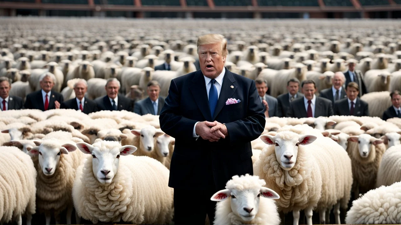 malevolent world leader and orator at podium speaking to large field of sheep