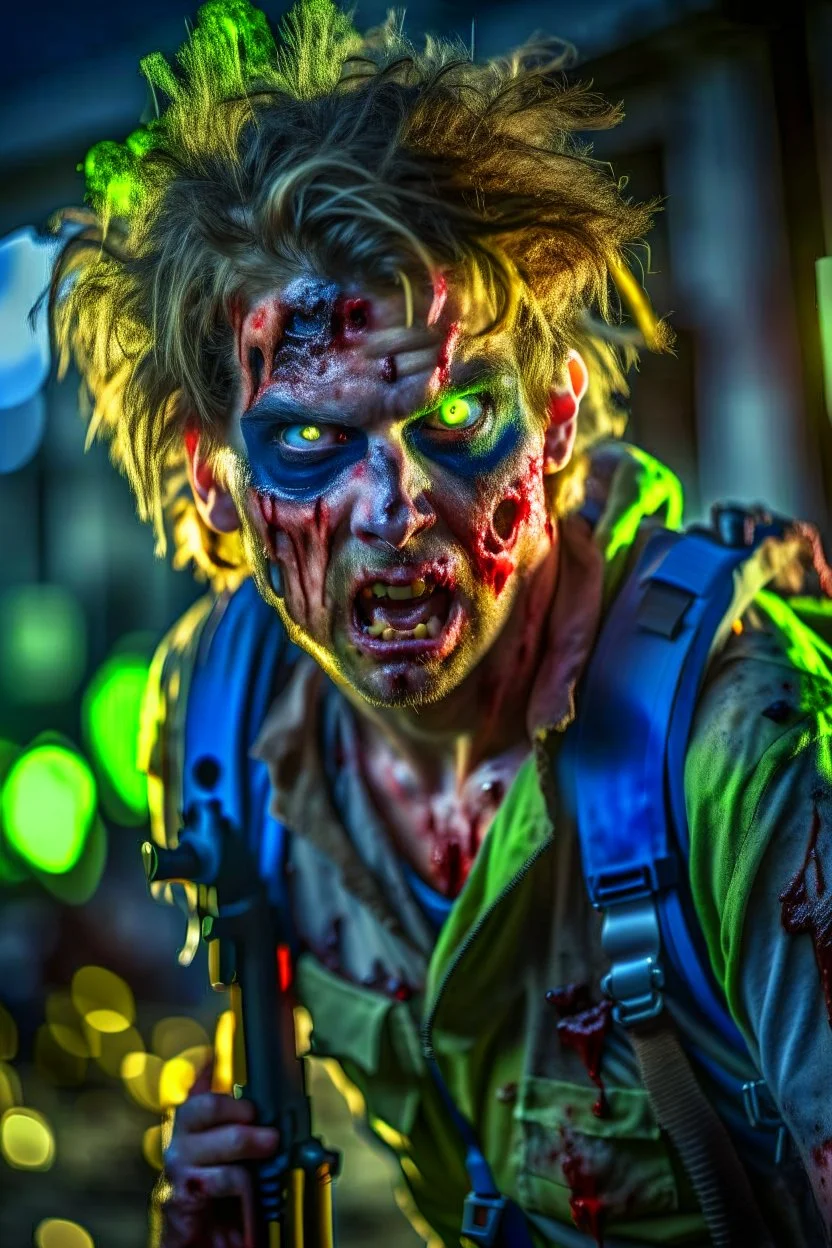 close-up ultra detailed and real looking image, 12k ultra high definition, sexy and cool looking zombie with human features, wild hair, he is a policeman, wearing a police uniform with bullet holes, epic action shot view of him storming towards camera with bazooka in hand, explosive and chaotic background, epic good looking zombie