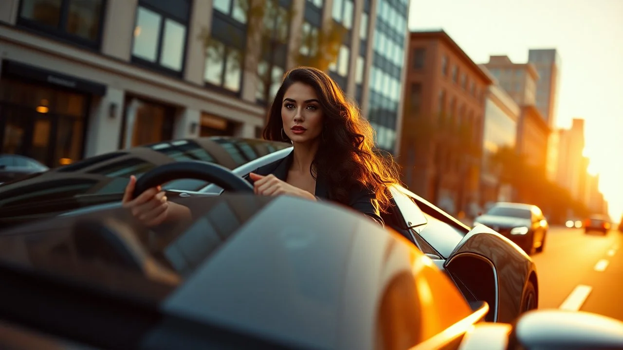 Create an ultra-realistic cinematic 8K fullbody of lady mode skin texture, add makeup,pretty boots,curvy long hair. Style: fashion editorial, confident is driving a roofles lamborgini in streets of a modern city. Lighting: warm golden hour sunlight, soft rim light. Camera look: shallow depth of field, film grain, cinematic color grade. Outfit: keep similar to the original or elevate slightly with premium casual style.